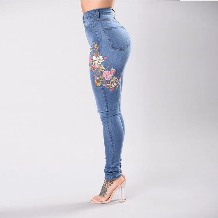 Embroidered High-elastic Denim Trousers