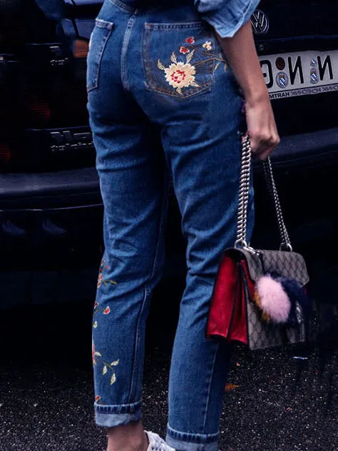 Embroidered High-rise Slim Women's Denim Cropped Trousers