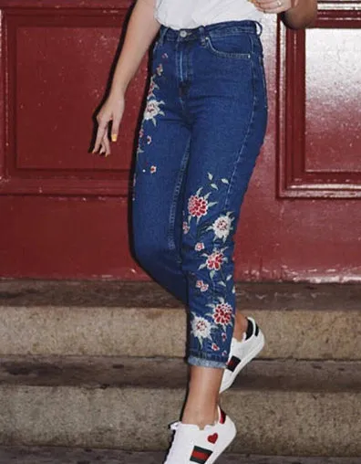 Embroidered High-rise Slim Women's Denim Cropped Trousers