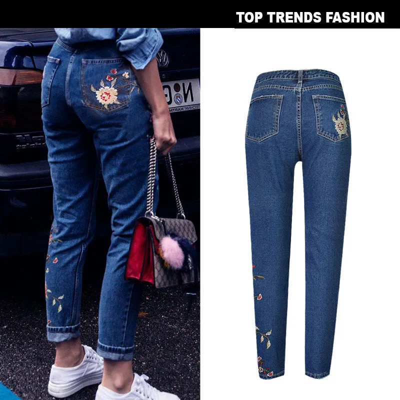 Embroidered High-rise Slim Women's Denim Cropped Trousers