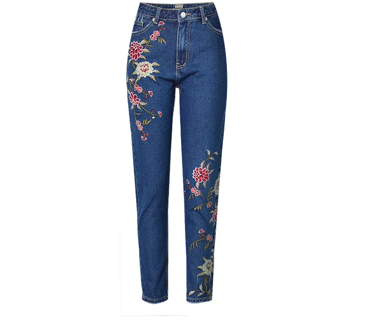 Embroidered High-rise Slim Women's Denim Cropped Trousers
