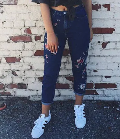 Embroidered High-rise Slim Women's Denim Cropped Trousers