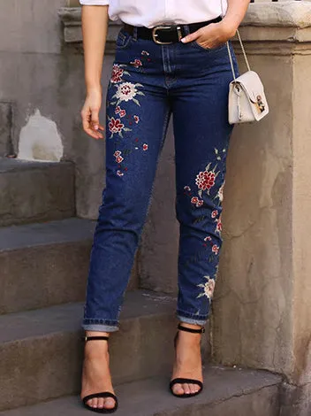 Embroidered High-rise Slim Women's Denim Cropped Trousers