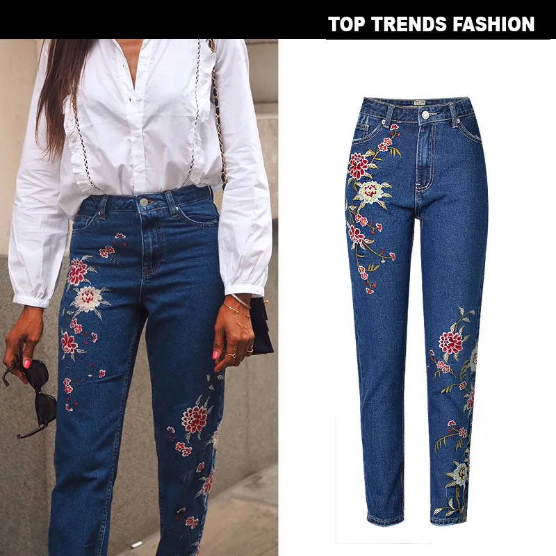 Embroidered High-rise Slim Women's Denim Cropped Trousers