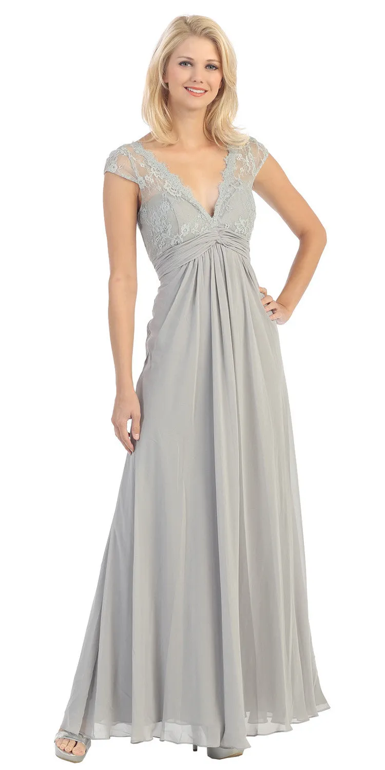Eureka 2383 Plunging V Neck Long Chiffon A Line Dress