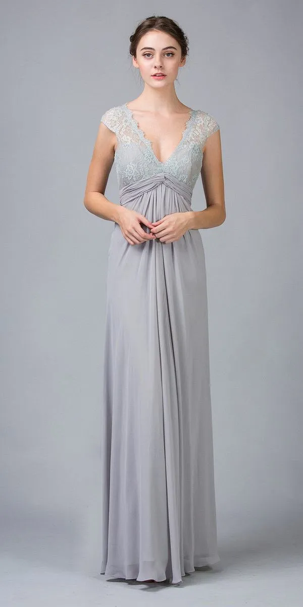 Eureka 2383 Plunging V Neck Long Chiffon A Line Dress