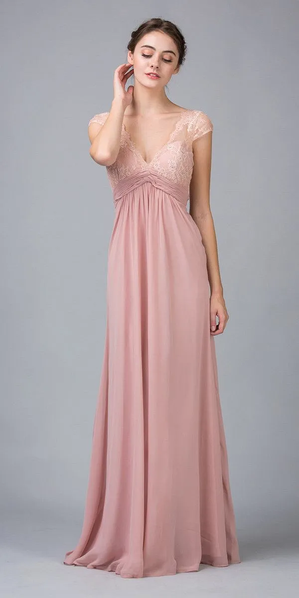 Eureka 2383 Plunging V Neck Long Chiffon A Line Dress