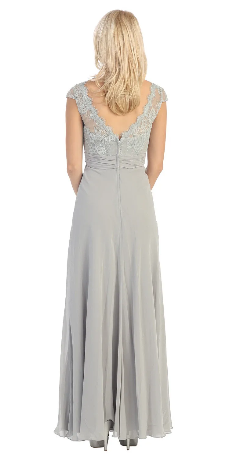 Eureka 2383 Plunging V Neck Long Chiffon A Line Dress