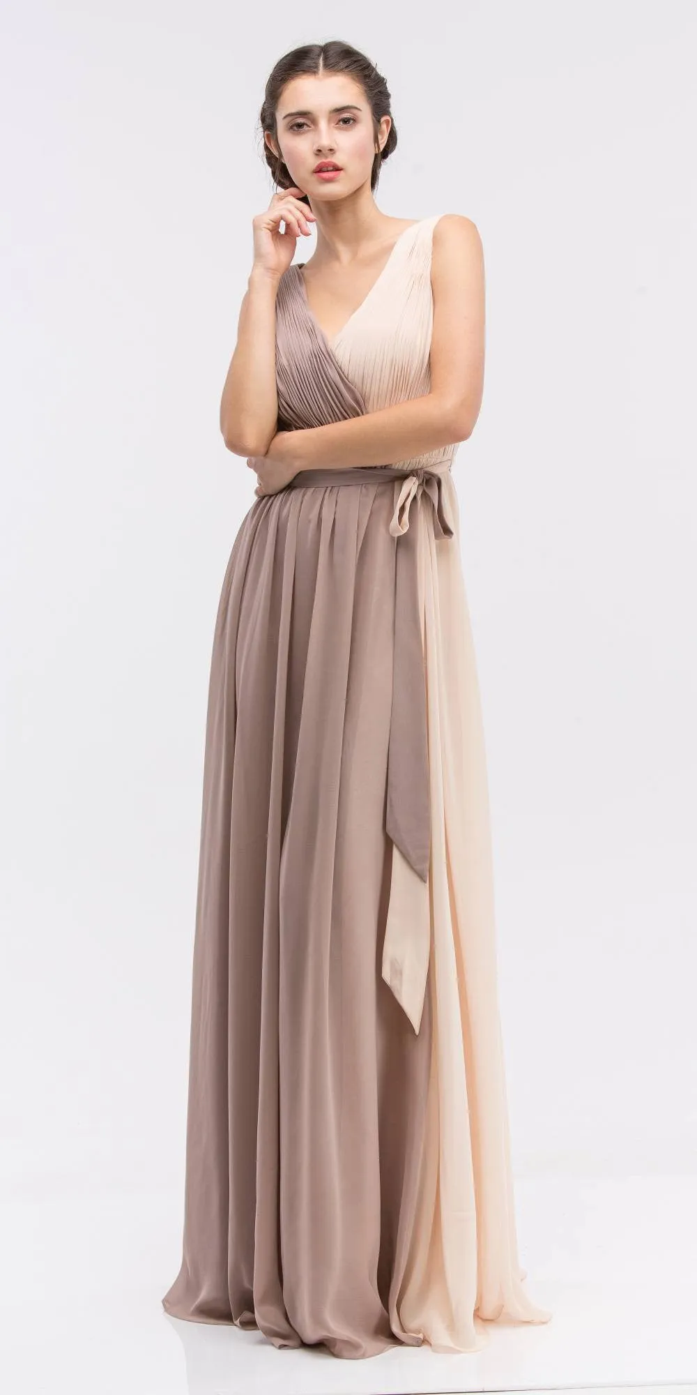 Eureka 2711 V-Neck Ruched Bodice Long A-Line Dress