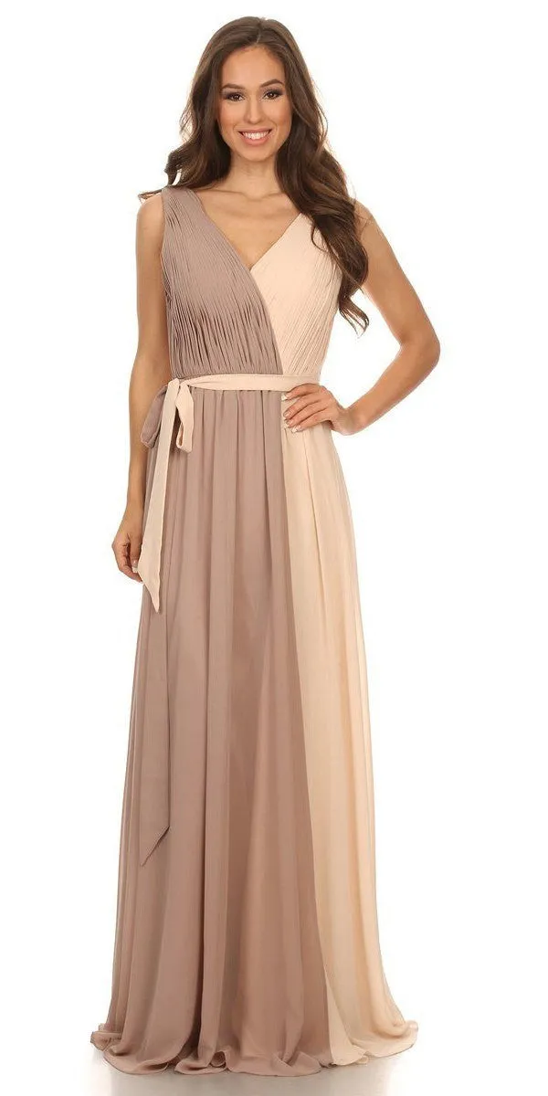 Eureka 2711 V-Neck Ruched Bodice Long A-Line Dress