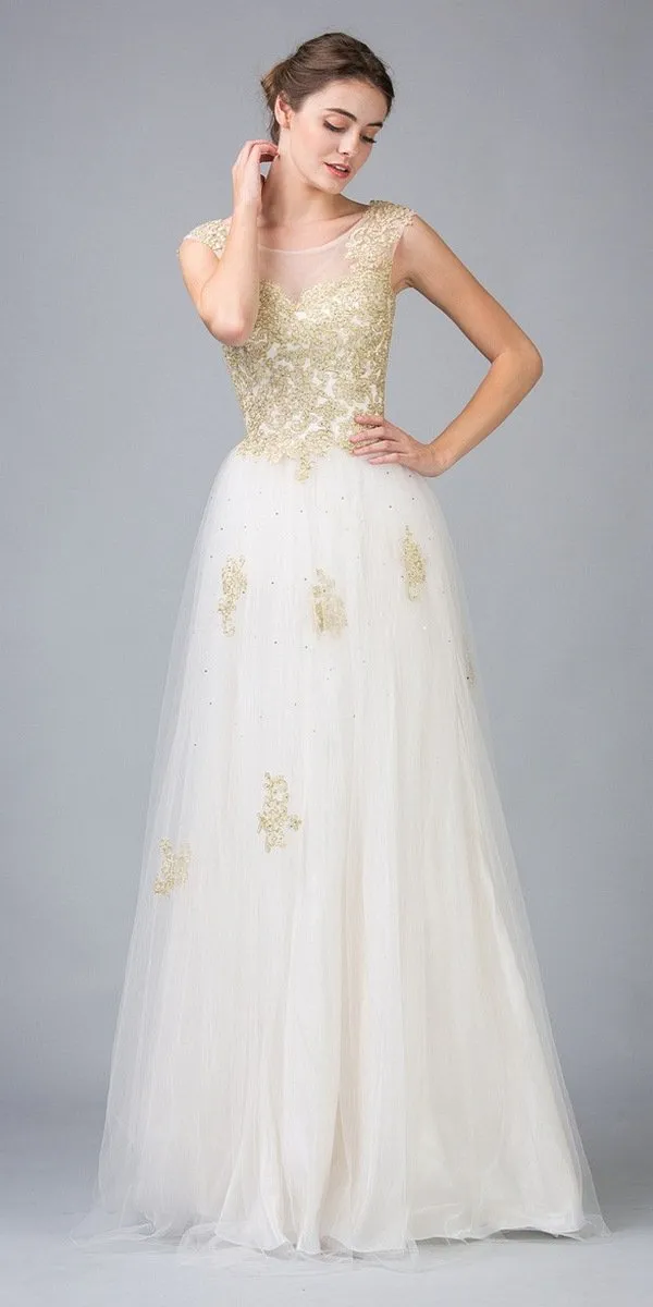 Eureka 3033 Lace Bodice Illusion Neckline A Line Long Ball Gown