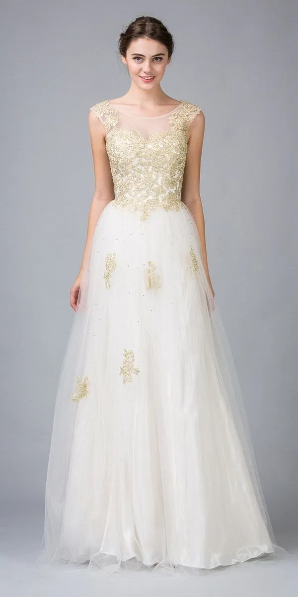 Eureka 3033 Lace Bodice Illusion Neckline A Line Long Ball Gown