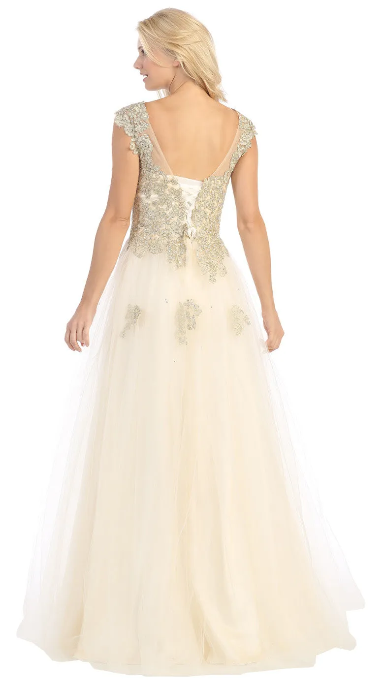 Eureka 3033 Lace Bodice Illusion Neckline A Line Long Ball Gown