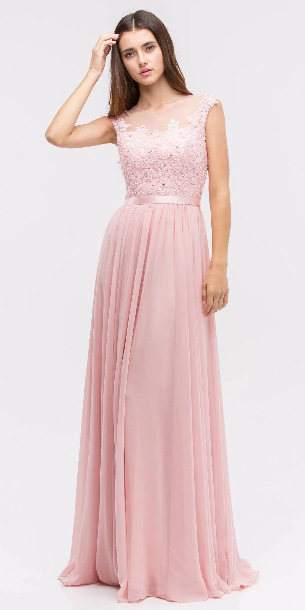 Eureka 3611 Lace Illusion Bodice Bateau Neck A-line Long Dress