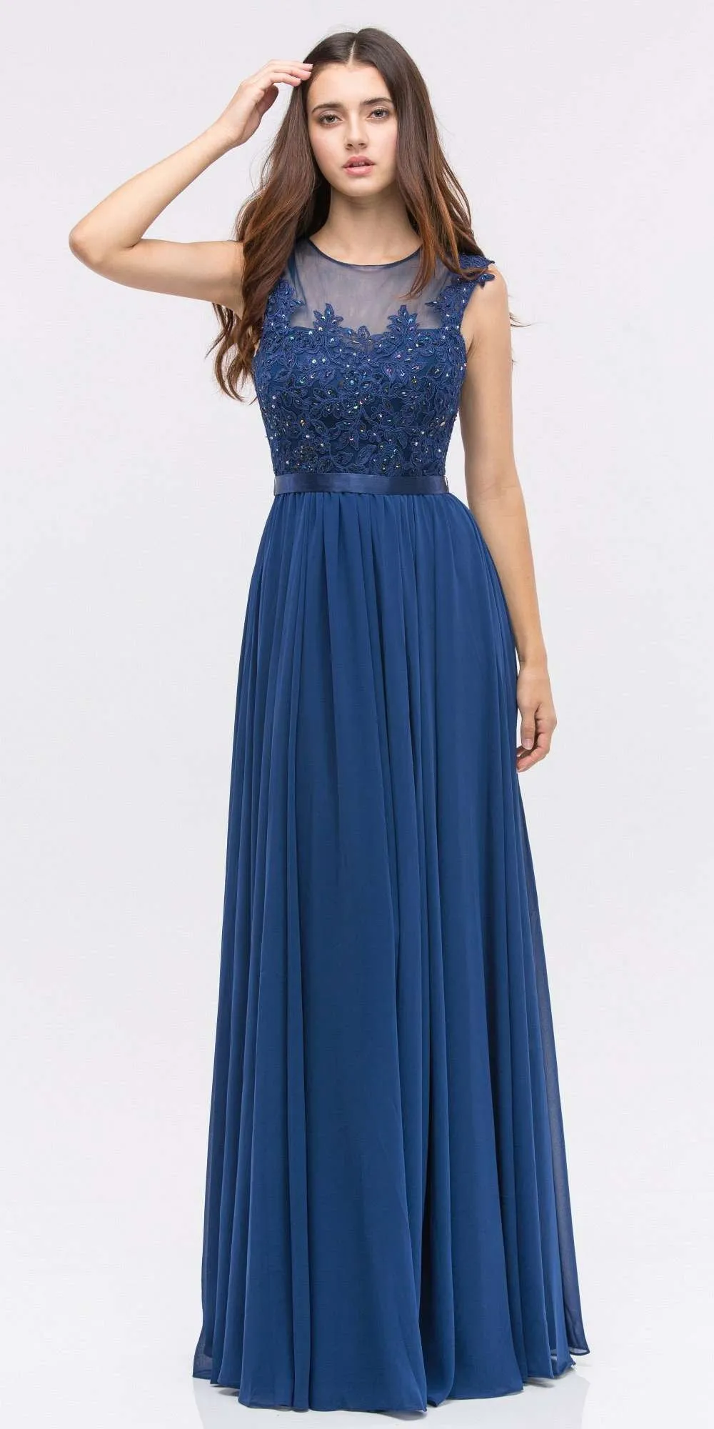 Eureka 3611 Lace Illusion Bodice Bateau Neck A-line Long Dress