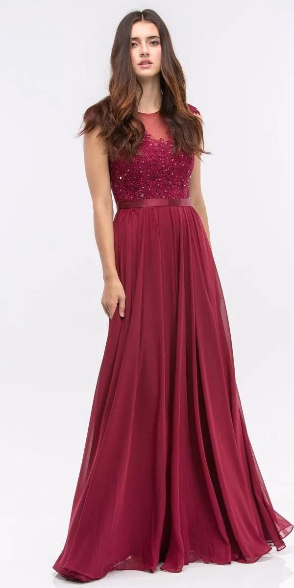 Eureka 3611 Lace Illusion Bodice Bateau Neck A-line Long Dress