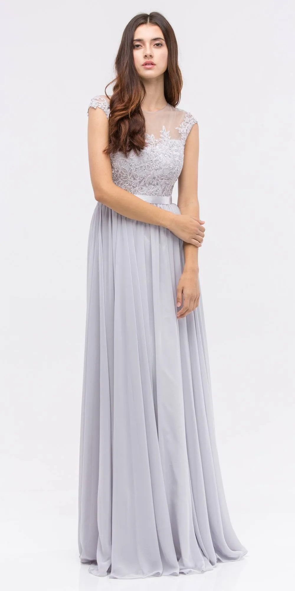 Eureka 3611 Lace Illusion Bodice Bateau Neck A-line Long Dress