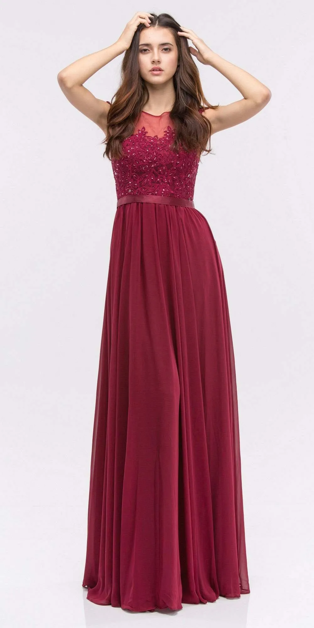 Eureka 3611 Lace Illusion Bodice Bateau Neck A-line Long Dress