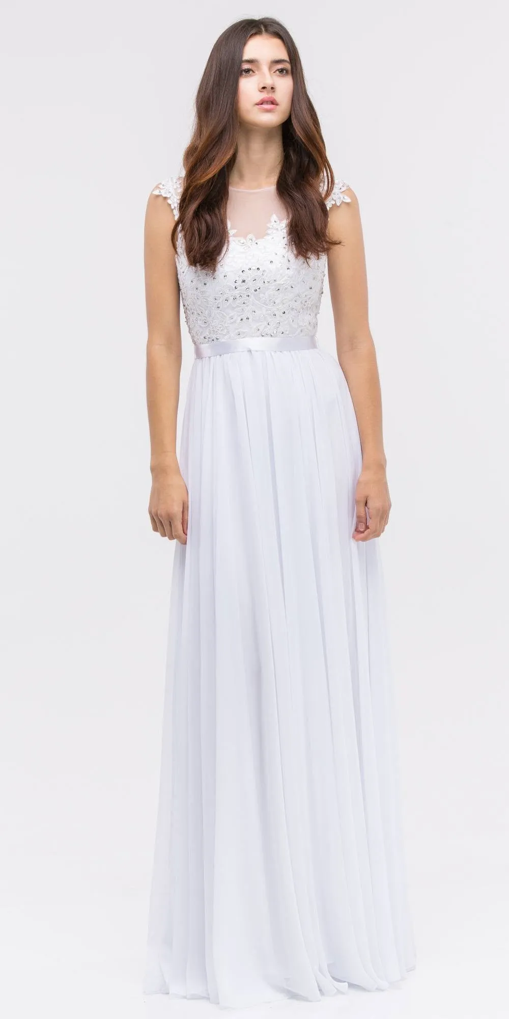 Eureka 3611 Lace Illusion Bodice Bateau Neck A-line Long Dress