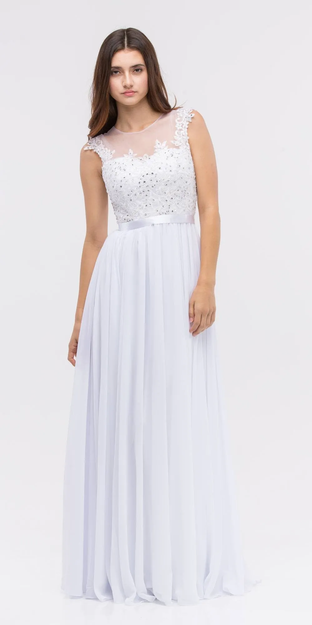Eureka 3611 Lace Illusion Bodice Bateau Neck A-line Long Dress