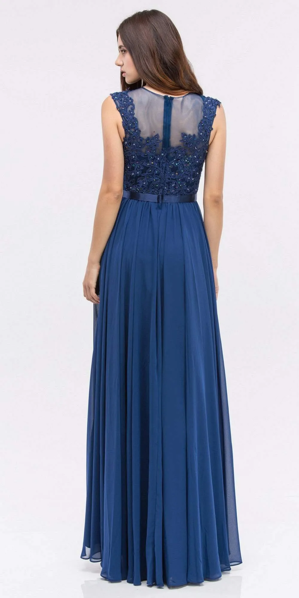 Eureka 3611 Lace Illusion Bodice Bateau Neck A-line Long Dress