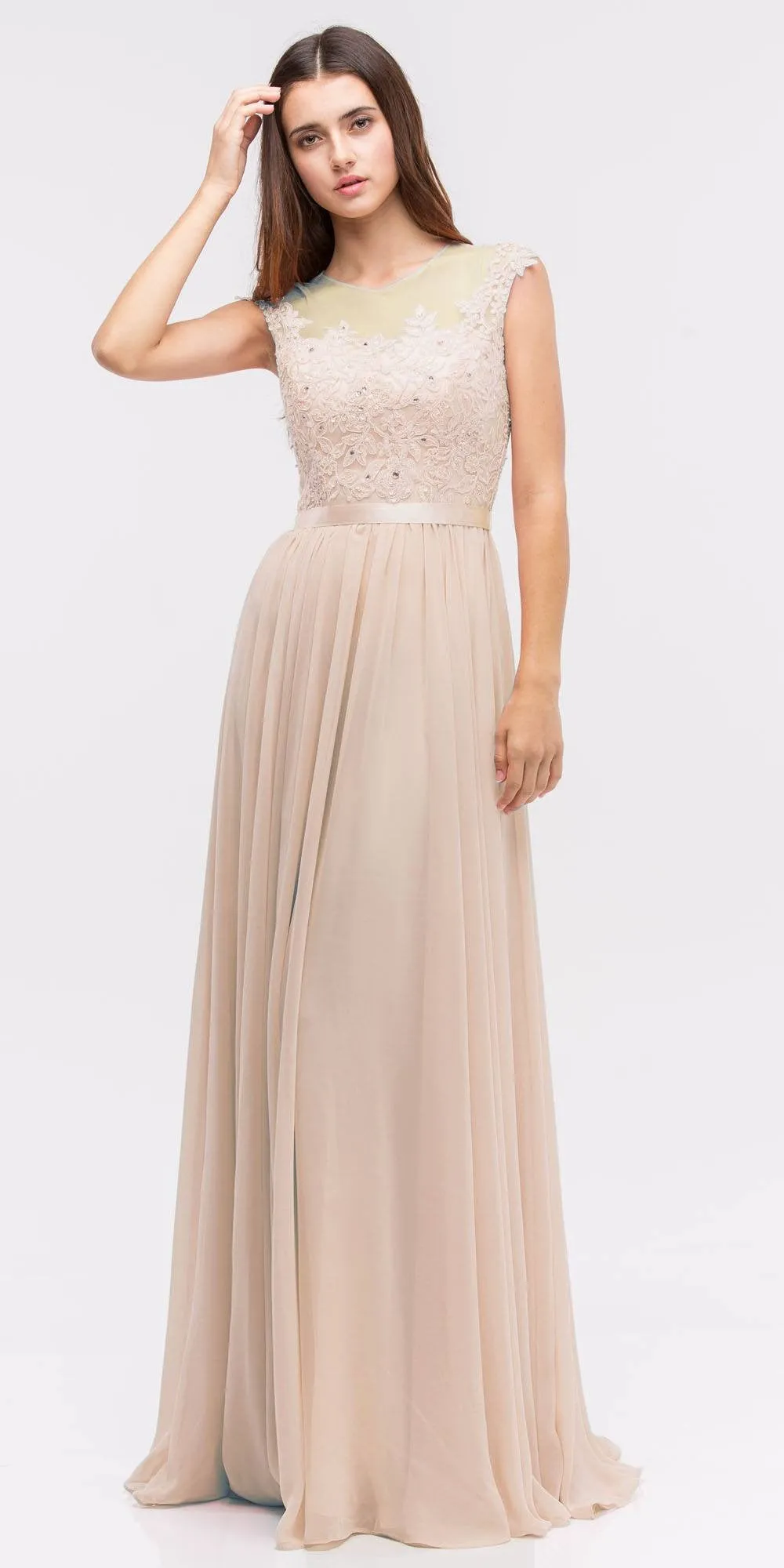 Eureka 3611 Lace Illusion Bodice Bateau Neck A-line Long Dress