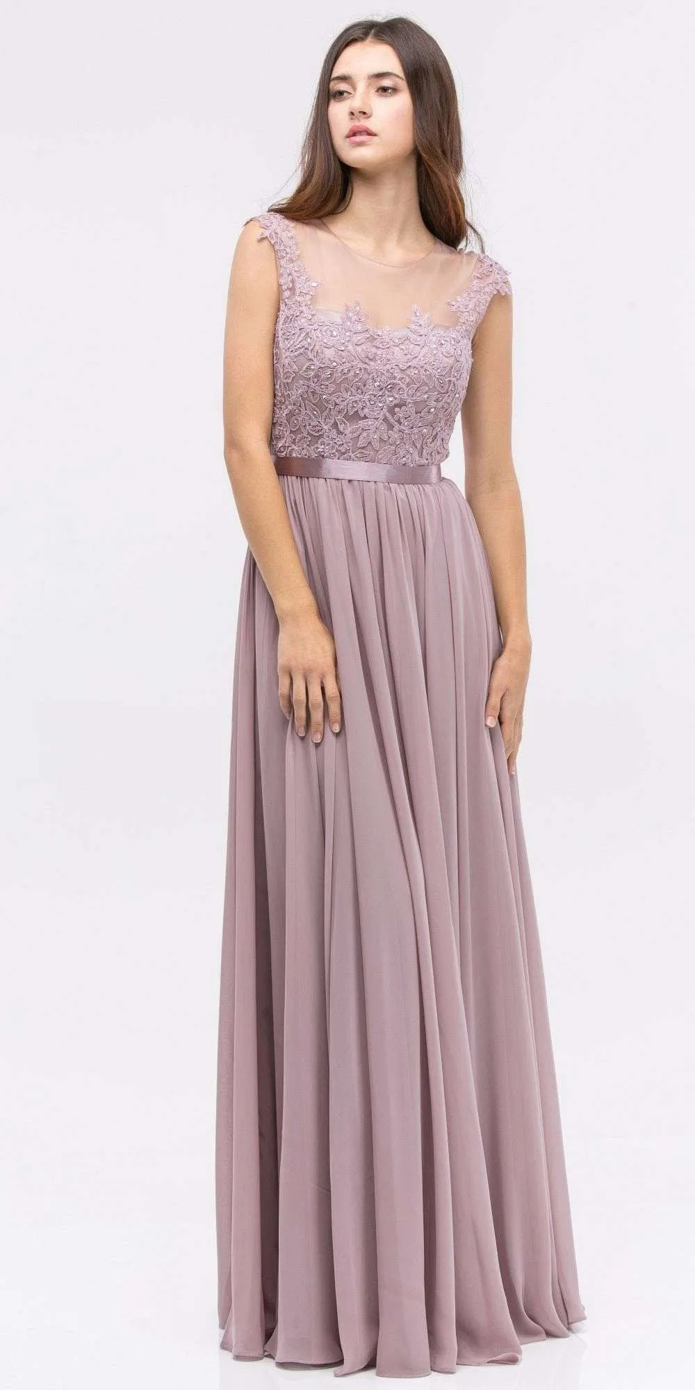 Eureka 3611 Lace Illusion Bodice Bateau Neck A-line Long Dress