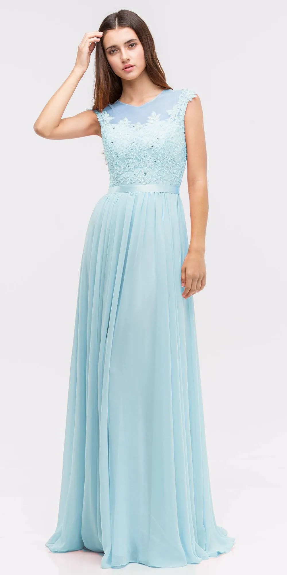 Eureka 3611 Lace Illusion Bodice Bateau Neck A-line Long Dress
