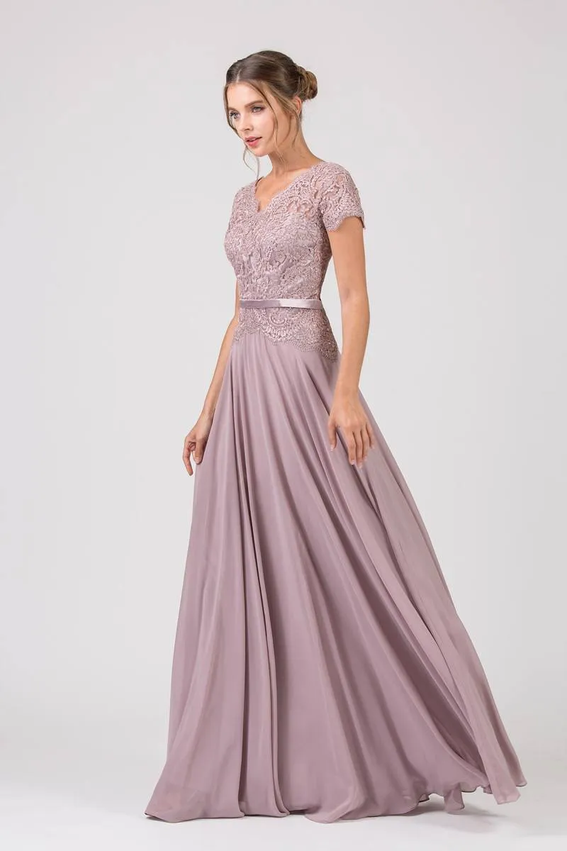 Eureka 5909 Lace Bodice A-Line Long Dress Short Sleeves