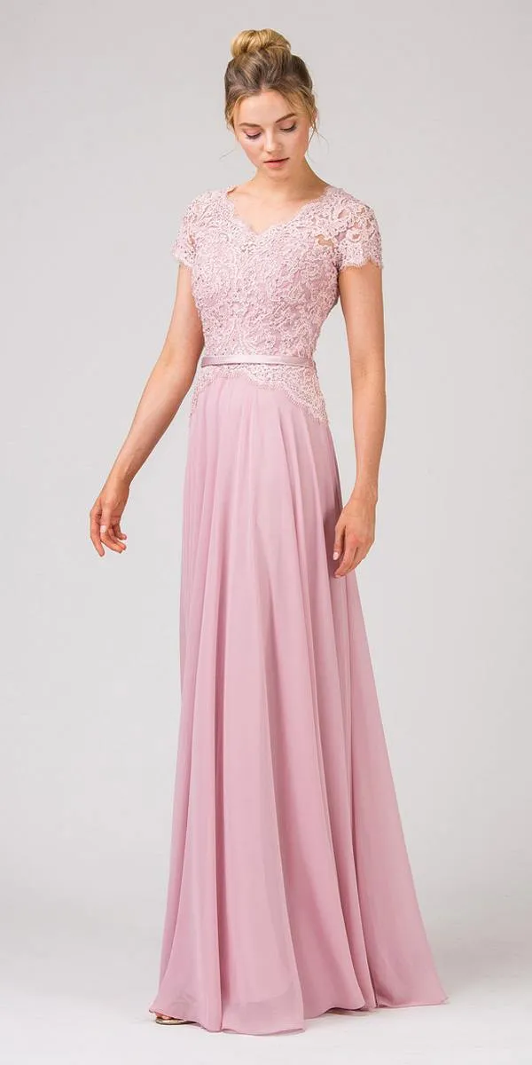 Eureka 5909 Lace Bodice A-Line Long Dress Short Sleeves