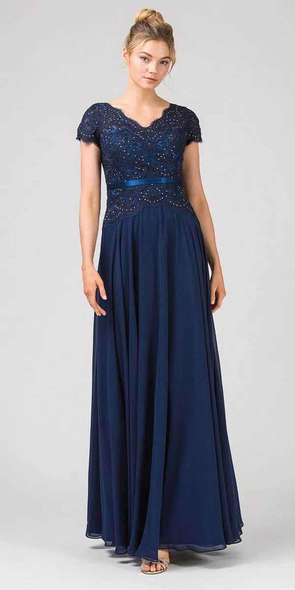 Eureka 5909 Lace Bodice A-Line Long Dress Short Sleeves