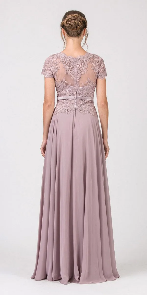 Eureka 5909 Lace Bodice A-Line Long Dress Short Sleeves