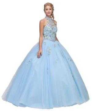 Eureka 6080 High Neck Embroidered Poofy A-Line Quinceanera Dress