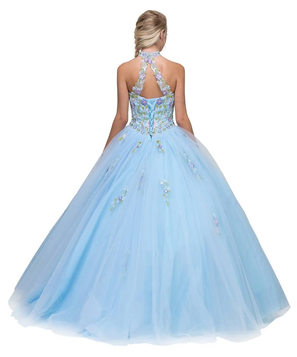 Eureka 6080 High Neck Embroidered Poofy A-Line Quinceanera Dress