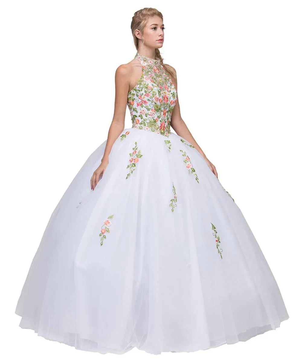 Eureka 6080 High Neck Embroidered Poofy A-Line Quinceanera Dress