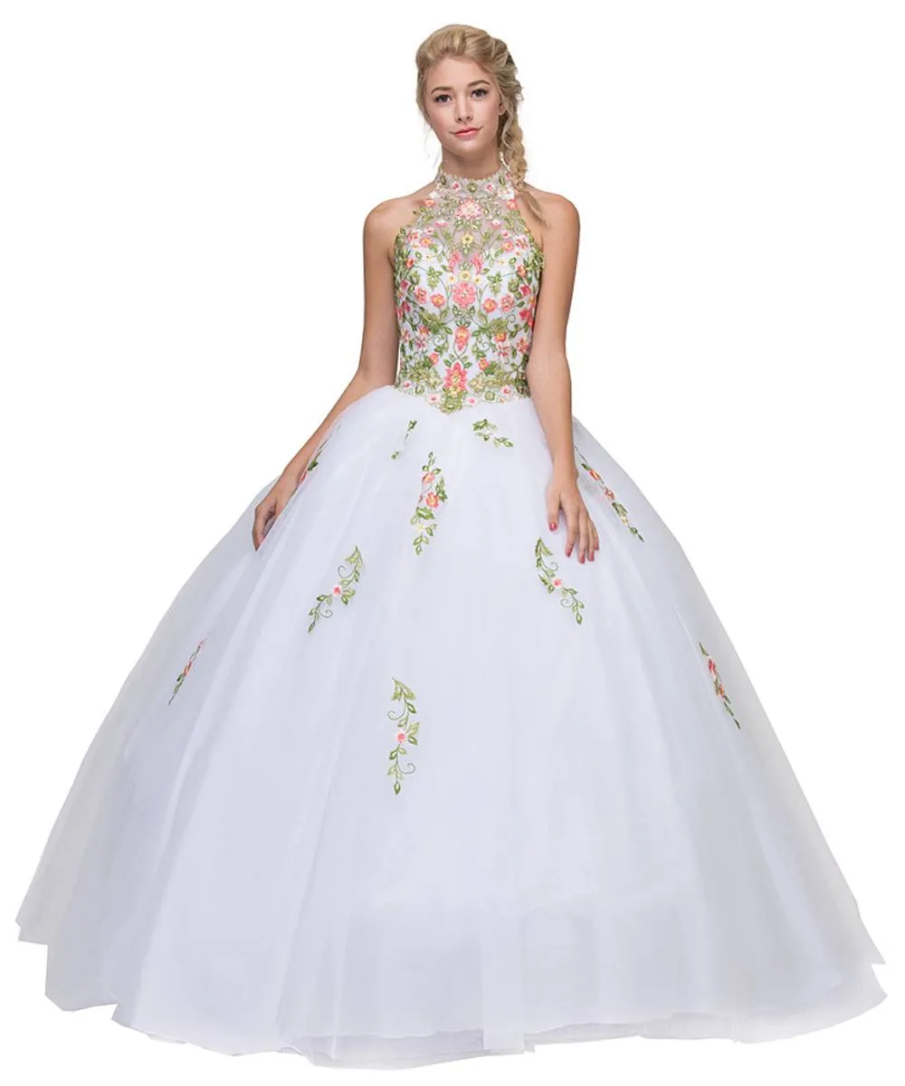 Eureka 6080 High Neck Embroidered Poofy A-Line Quinceanera Dress