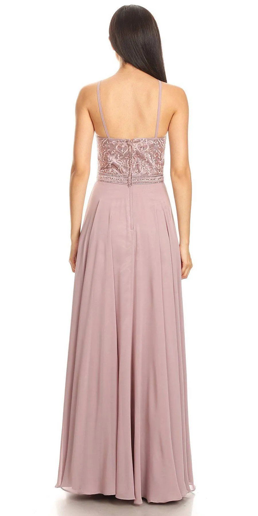 Eureka 8111 Chiffon Halter A-line Long Dress Lace Appliqued Bodice