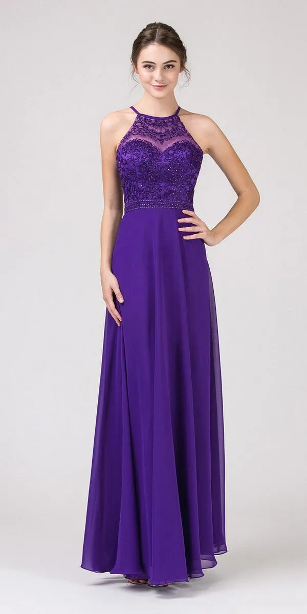 Eureka 8111 Chiffon Halter A-line Long Dress Lace Appliqued Bodice