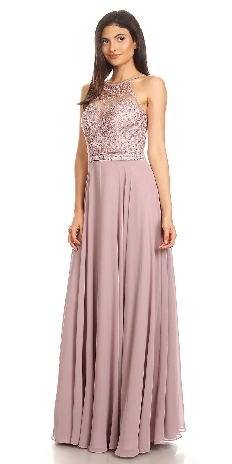 Eureka 8111 Chiffon Halter A-line Long Dress Lace Appliqued Bodice