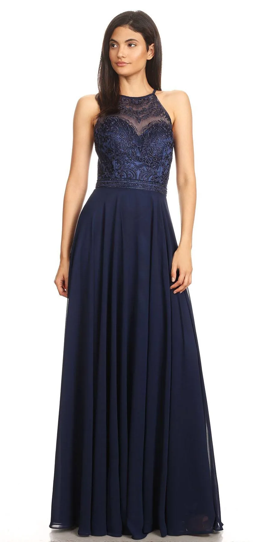 Eureka 8111 Chiffon Halter A-line Long Dress Lace Appliqued Bodice