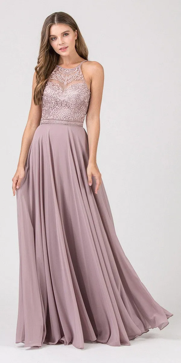 Eureka 8111 Chiffon Halter A-line Long Dress Lace Appliqued Bodice