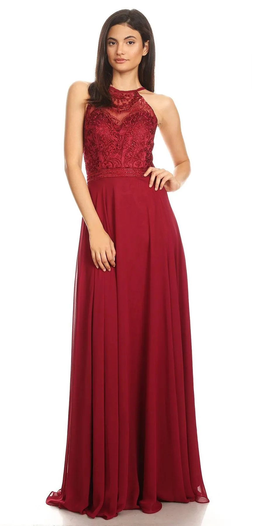 Eureka 8111 Chiffon Halter A-line Long Dress Lace Appliqued Bodice