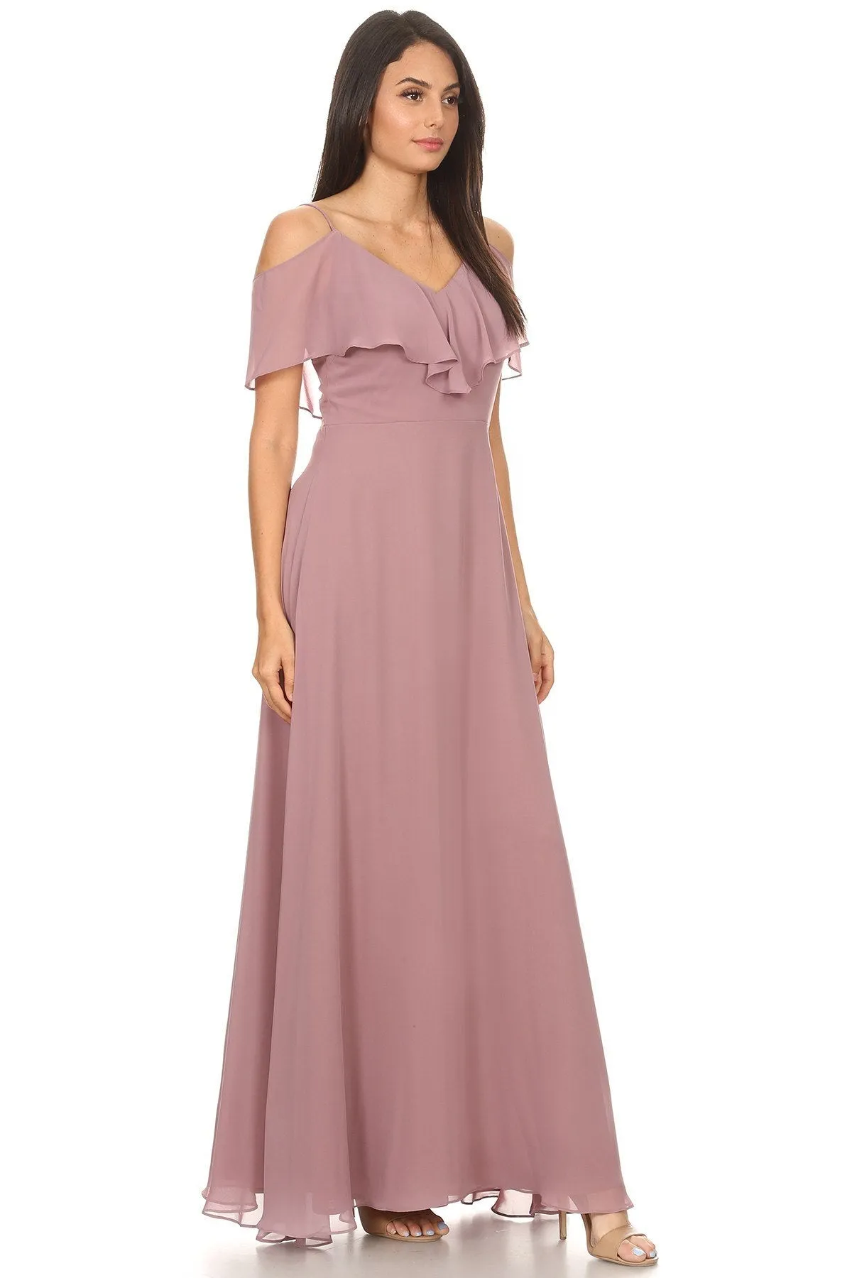 Eureka 8877 Ruffled Cold-Shoulder Long Chiffon A-Line Dress