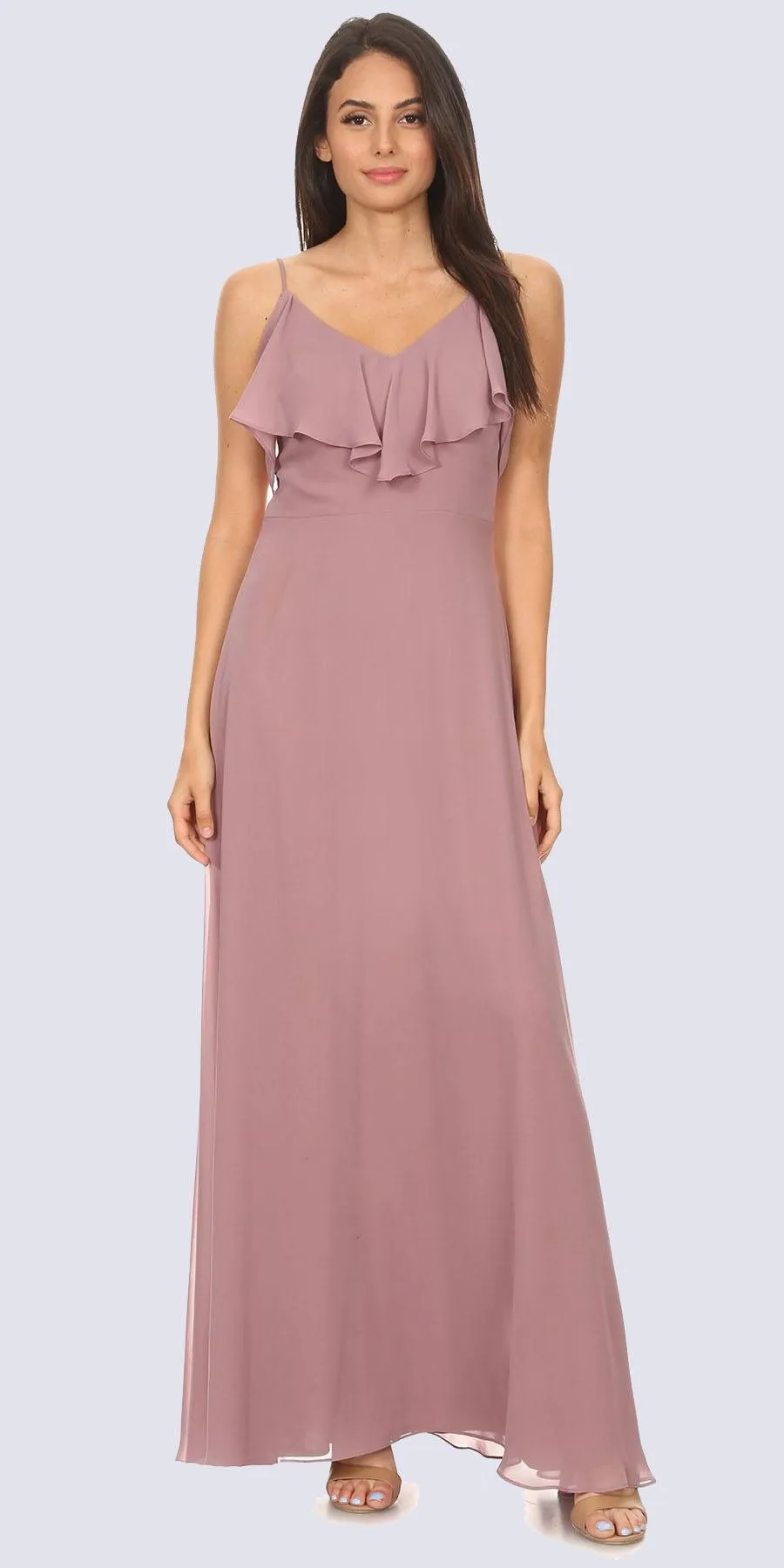 Eureka 8877 Ruffled Cold-Shoulder Long Chiffon A-Line Dress
