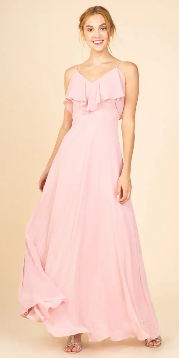 Eureka 8877 Ruffled Cold-Shoulder Long Chiffon A-Line Dress