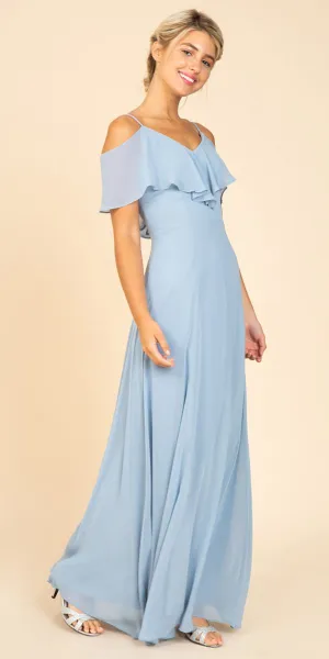 Eureka 8877 Ruffled Cold-Shoulder Long Chiffon A-Line Dress
