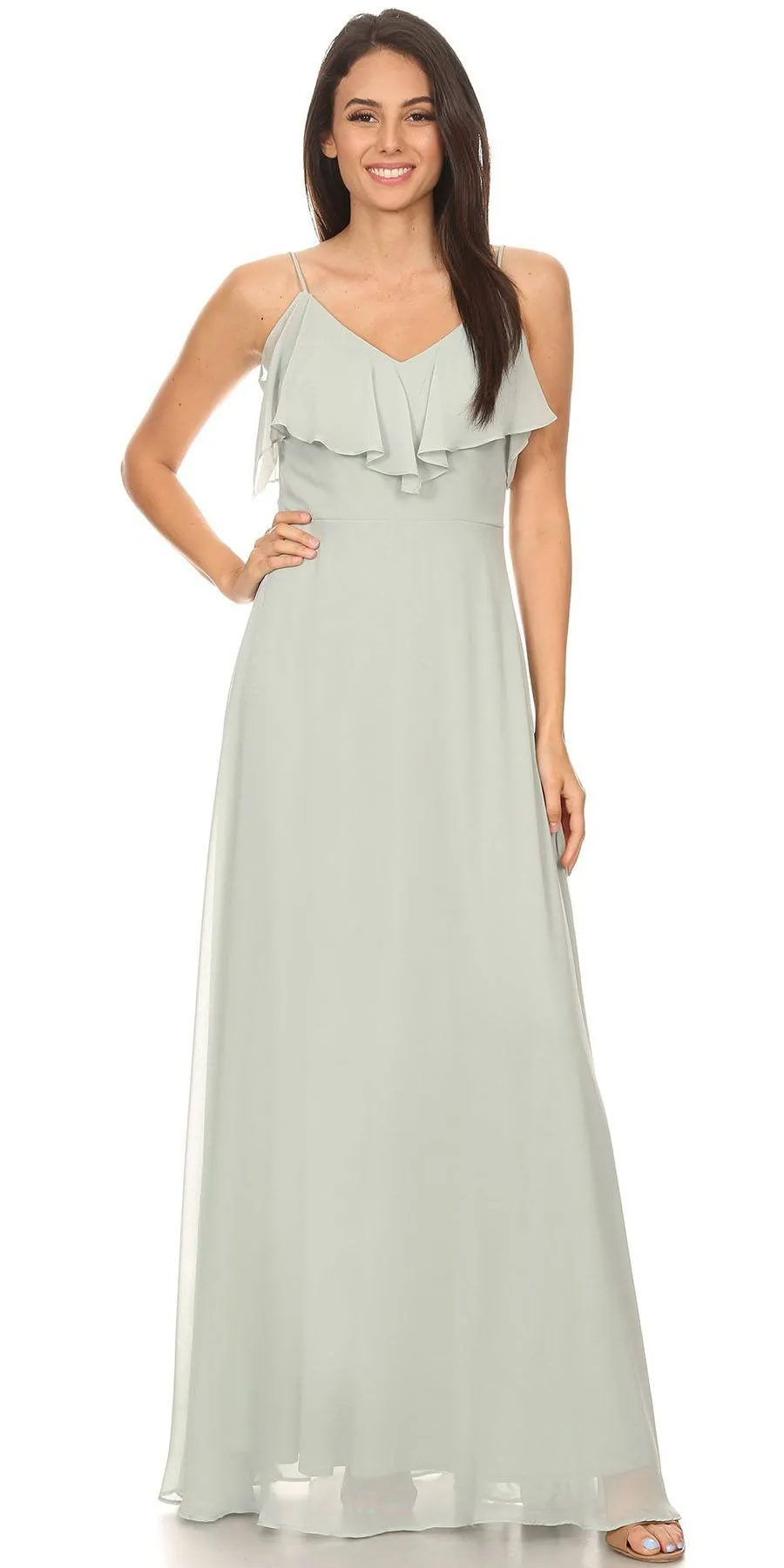 Eureka 8877 Ruffled Cold-Shoulder Long Chiffon A-Line Dress