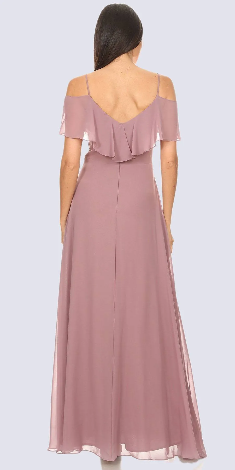 Eureka 8877 Ruffled Cold-Shoulder Long Chiffon A-Line Dress