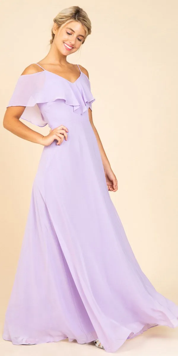 Eureka 8877 Ruffled Cold-Shoulder Long Chiffon A-Line Dress