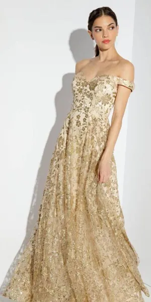 Eureka 9766 Long Off Shoulder A-Line Gown Glitter Print